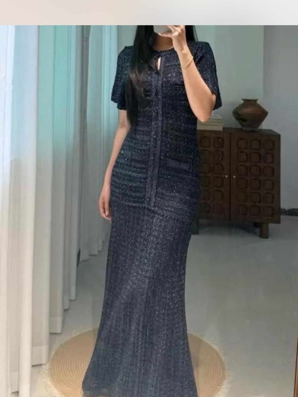 Sandro Navy Tweed Maxi Dress with Short Sleeves